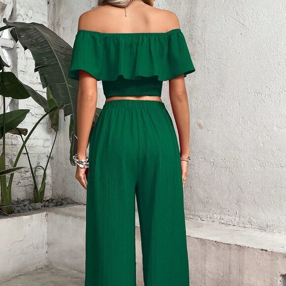 Green Boho Womens Off Shoulder Ruffle Trim Top & Wide Leg Pants - Picture 2 of 5
